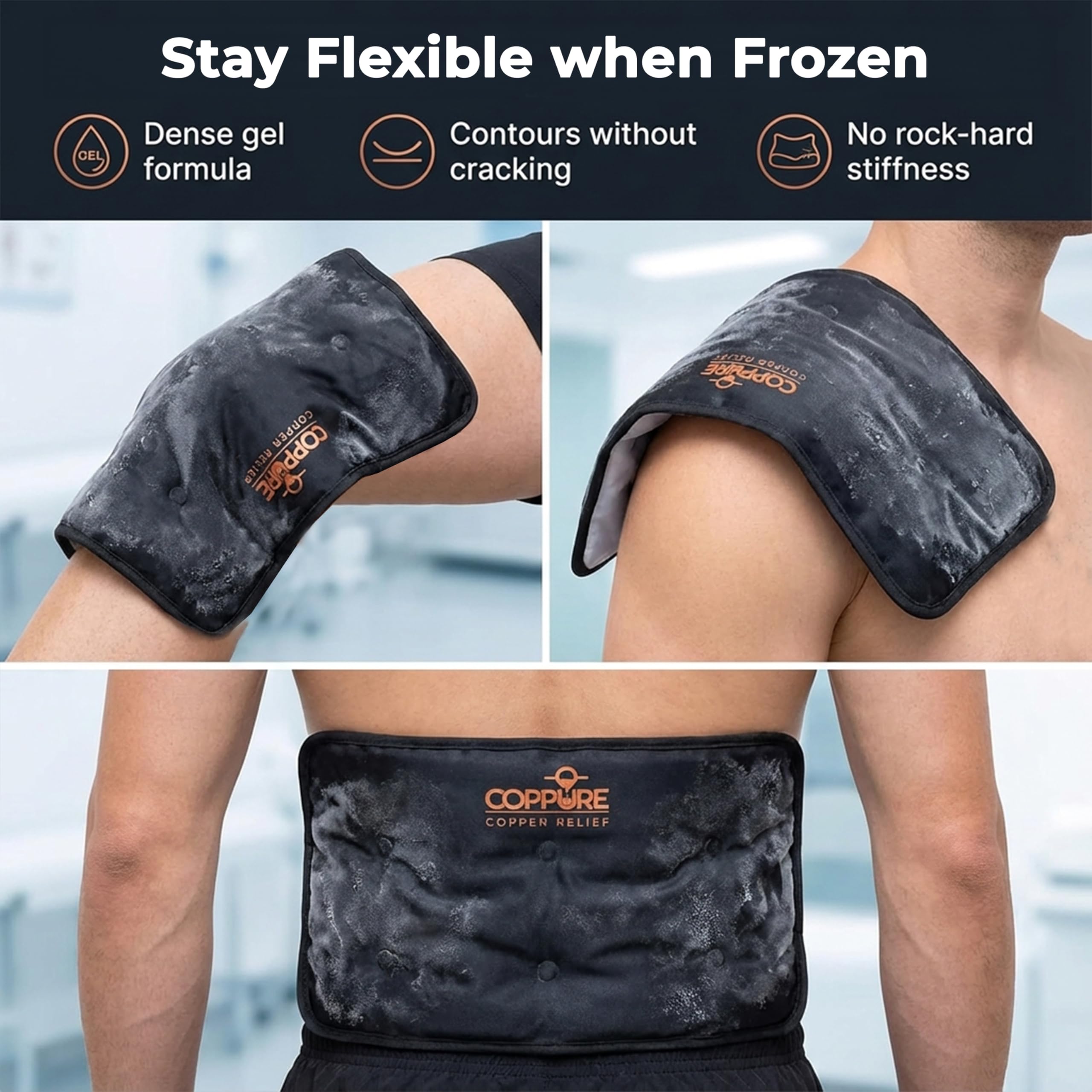 Coppure Copper Relief Large Gel Soft Flexible Medical Ice Packs for Injuries - Reusable Ice Pad Cold Pack for Back Pain, Migraine Relief Pad, Postpartum, Headache, Shoulder – 15” x 11” - 2 Pack - Image 4