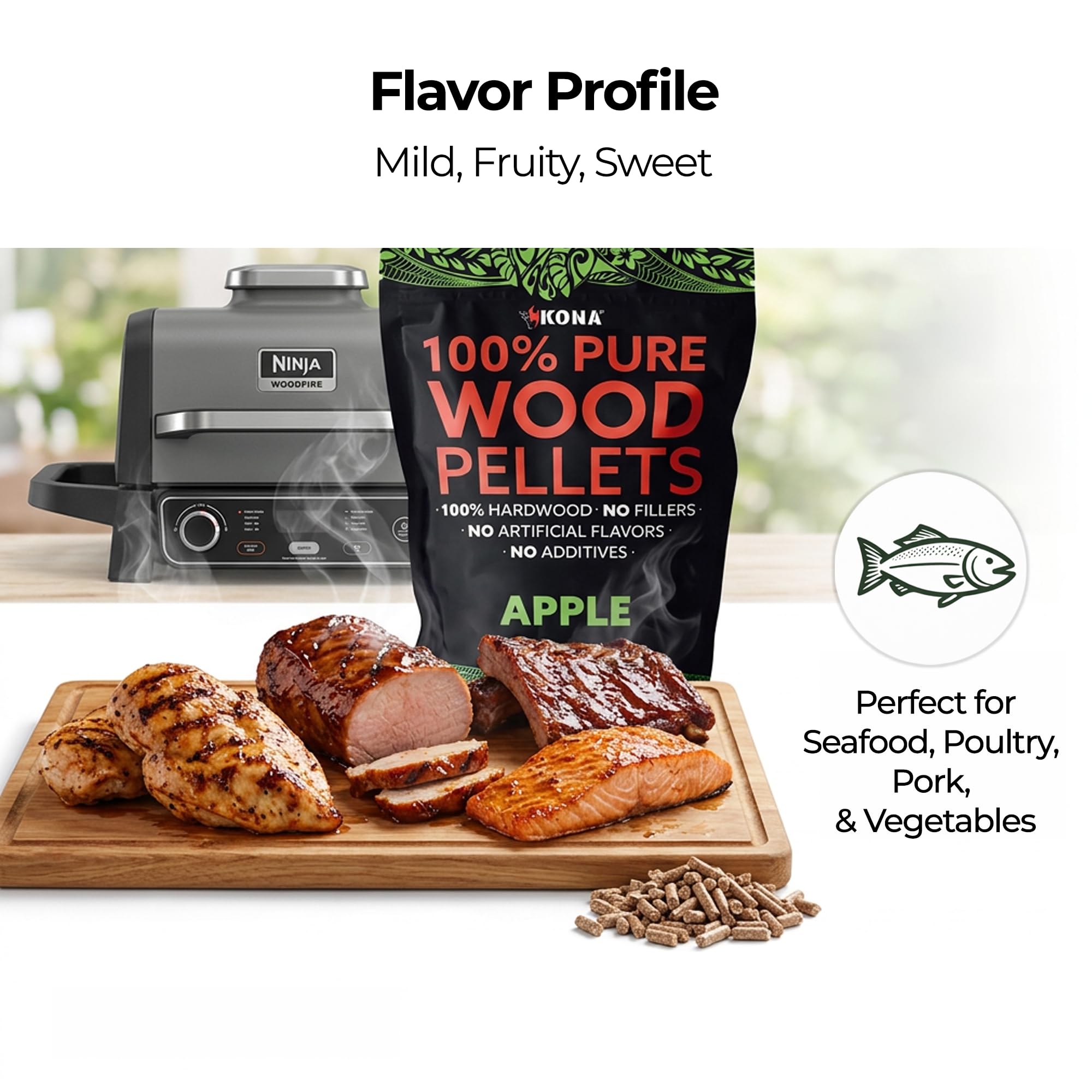 Kona 100% Apple Smoker Pellets, Intended for Ninja Woodfire Outdoor Grill, 2 lb Resealable Bag - Image 3