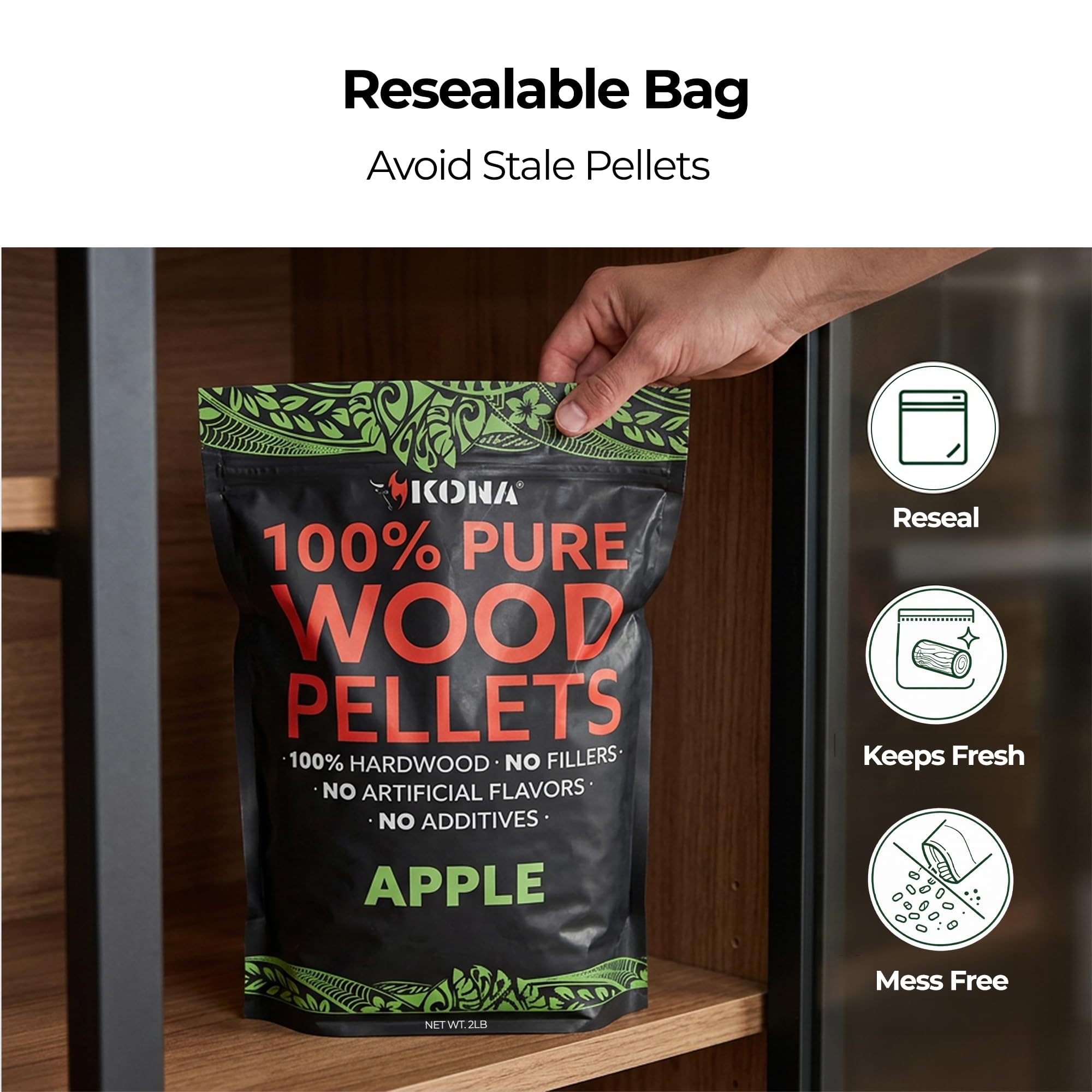 Kona 100% Apple Smoker Pellets, Intended for Ninja Woodfire Outdoor Grill, 2 lb Resealable Bag - Image 4