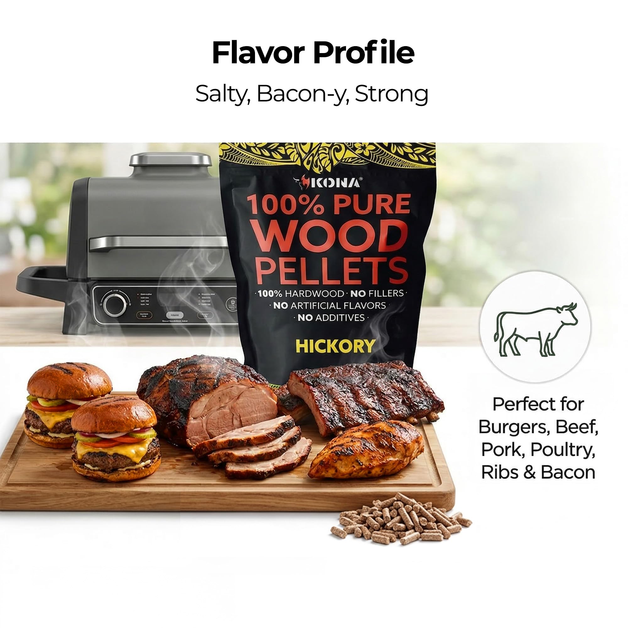 Kona 100% Hickory Smoker Pellets, Intended for Ninja Woodfire Outdoor Grill, 2 lb Resealable Bag - Image 3