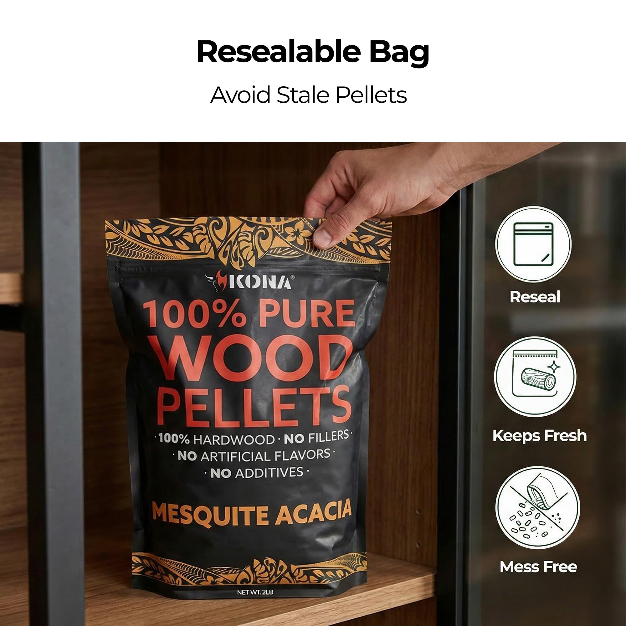 Kona 100% Mesquite Smoker Pellets, Intended for Ninja Woodfire Outdoor Grill, 2 lb Resealable Bag - Image 4