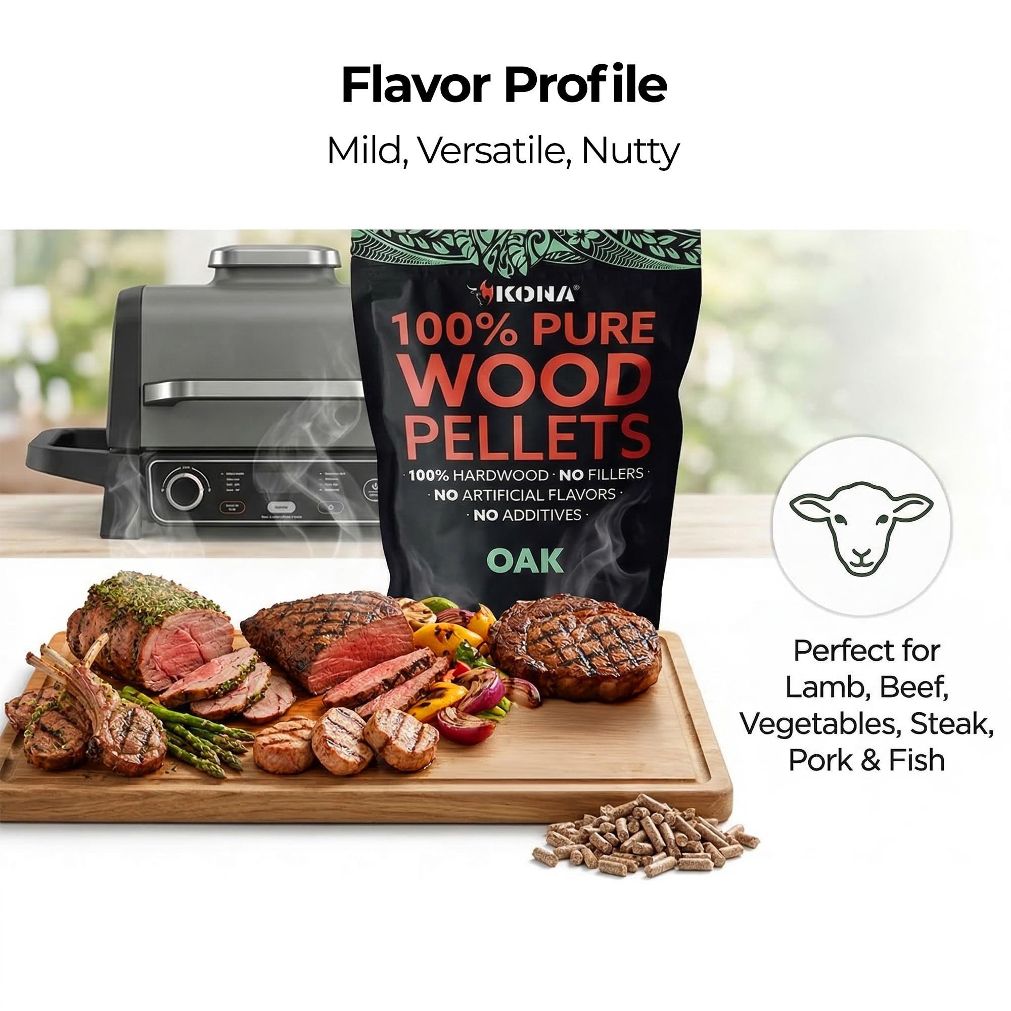 Kona 100% Oak Smoker Pellets, Intended for Ninja Woodfire Outdoor Grill, 2 lb Resealable Bag - Image 3