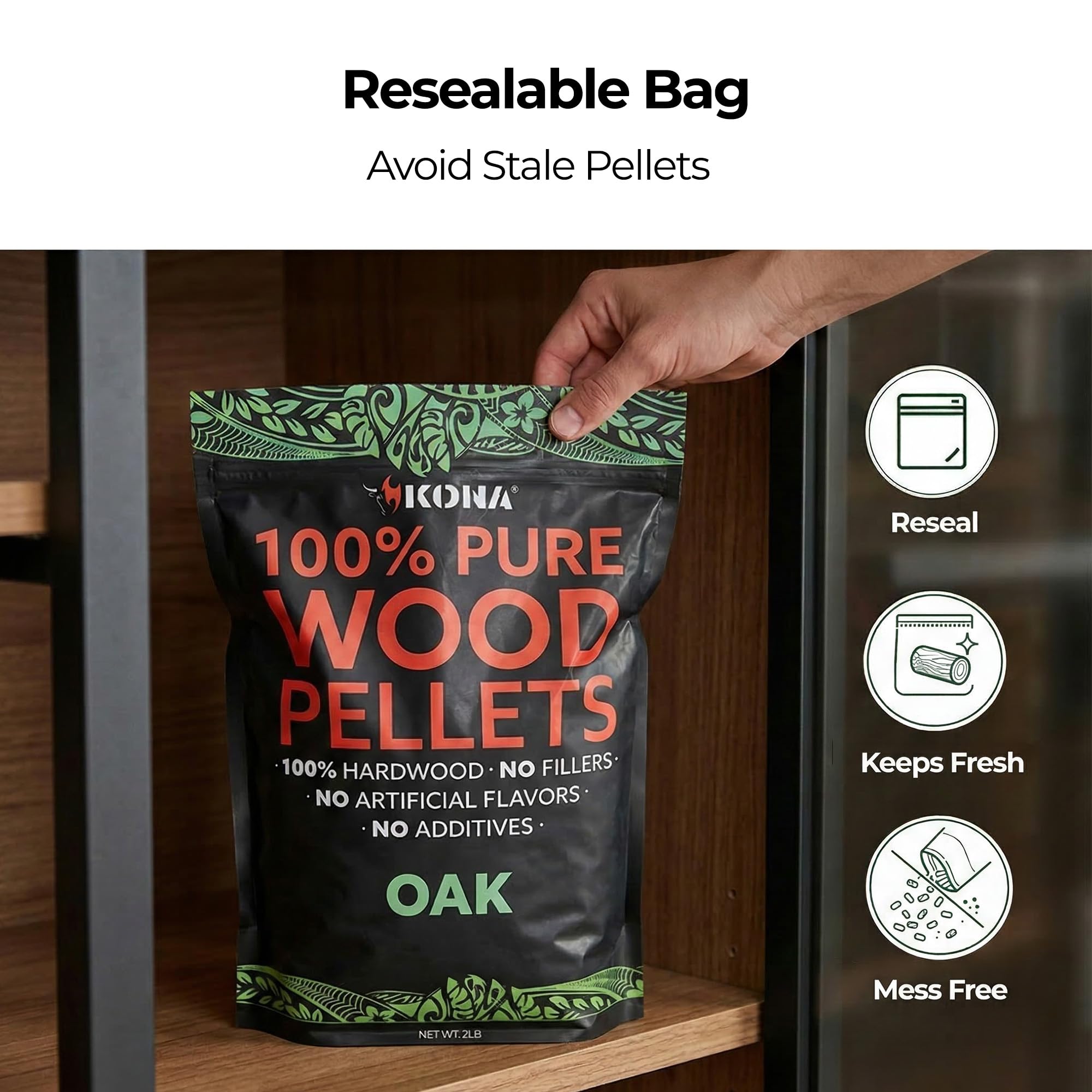 Kona 100% Oak Smoker Pellets, Intended for Ninja Woodfire Outdoor Grill, 2 lb Resealable Bag - Image 4