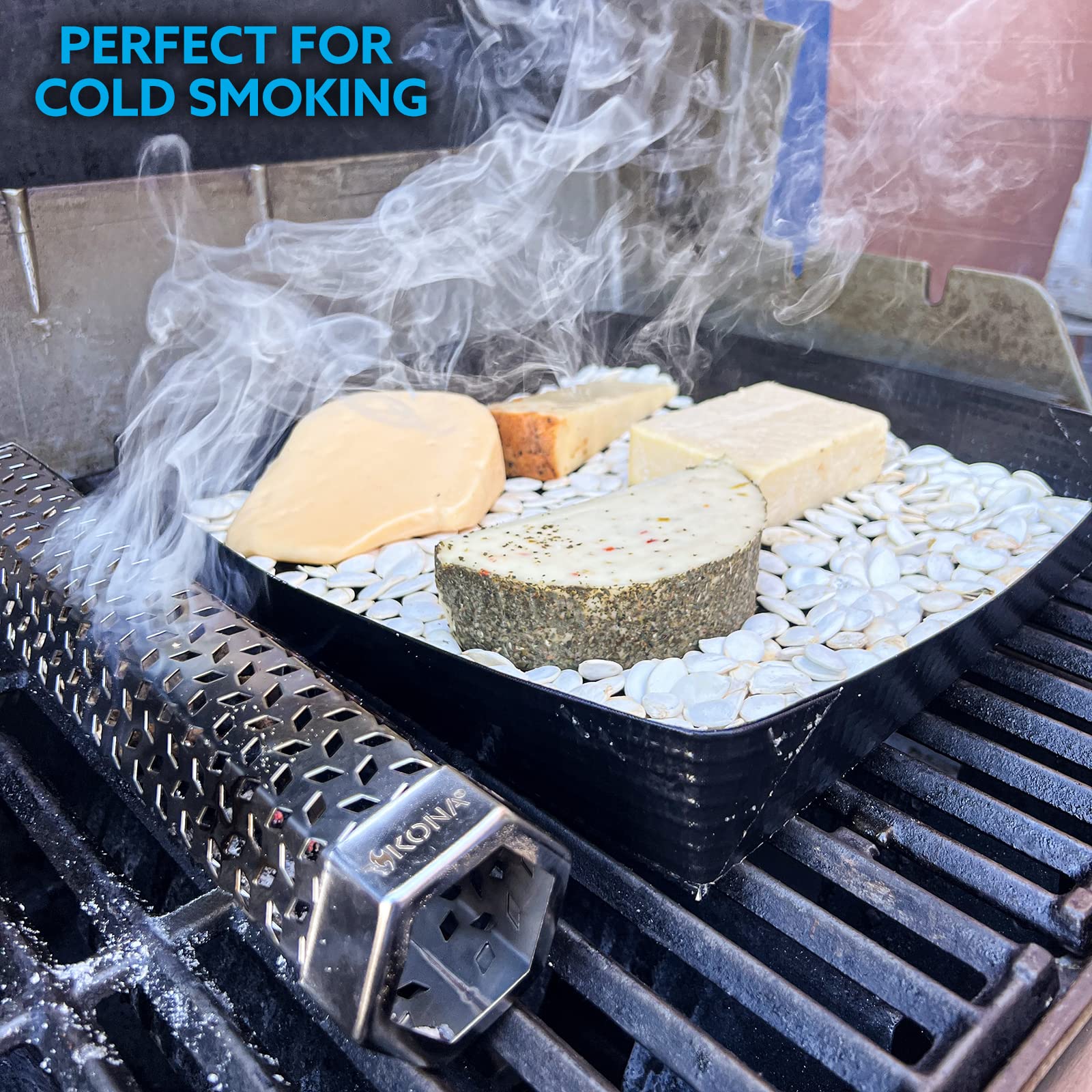 Kona Smoker & Grill Basket - For Veggies, Fish, Nuts, Cheese - 600 Degree Premium Mesh Nonstick Grilling Basket/Grill Net - Essential Grilling Accessories For Outdoor Grill & BBQ, 12x12x3 Inch - Image 6