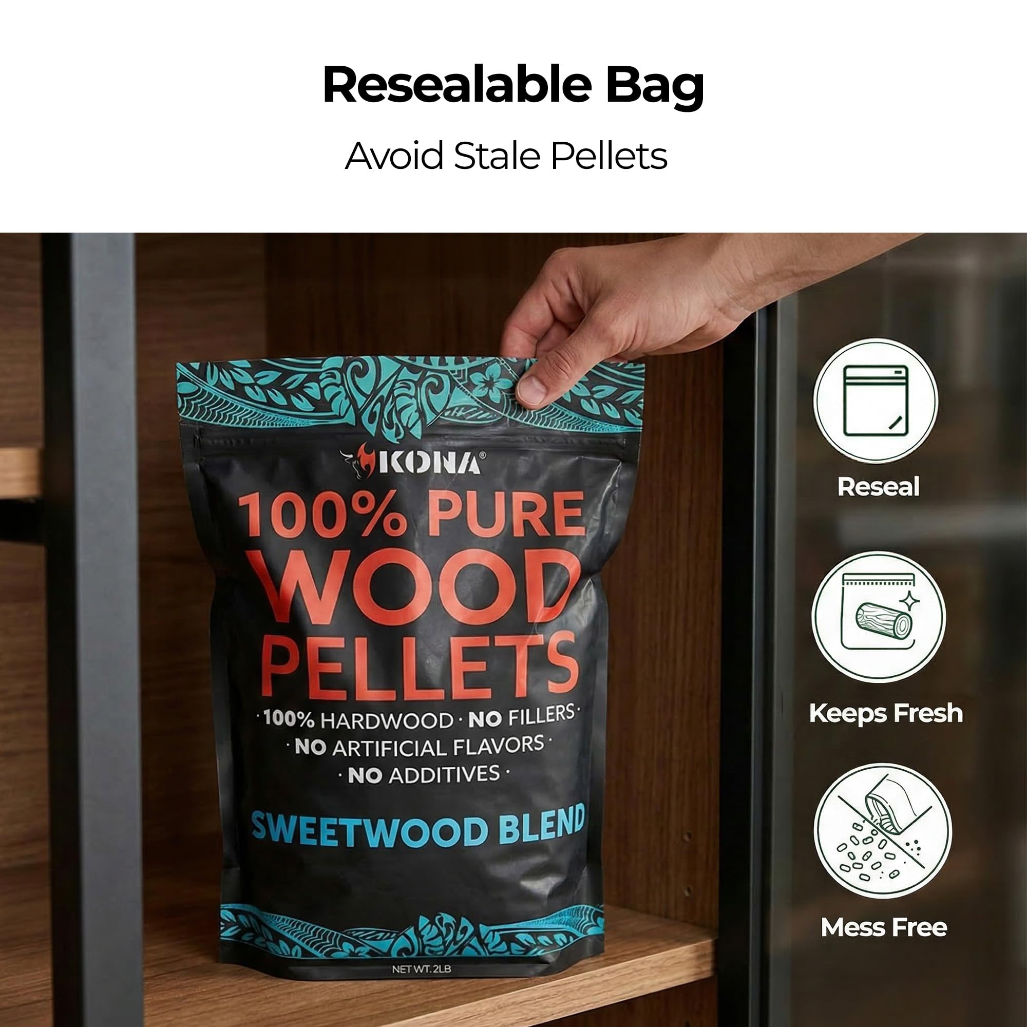 Kona Sweetwood Blend Smoker Pellets, Intended for Ninja Woodfire Outdoor Grill, 2 lb Resealable Bag - Image 4