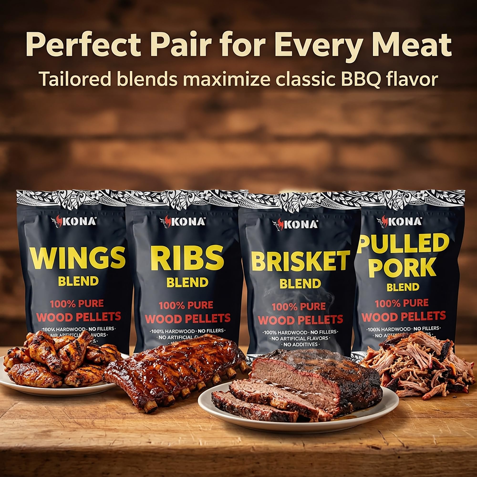 Kona Wood Pellets Brisket, Ribs, Wings,and Pulled Pork Blend Variety Pack, Intended for Ninja Woodfire Outdoor Grill, Wood Fire Oven, 4, 2lb Resealable Bags - Image 3