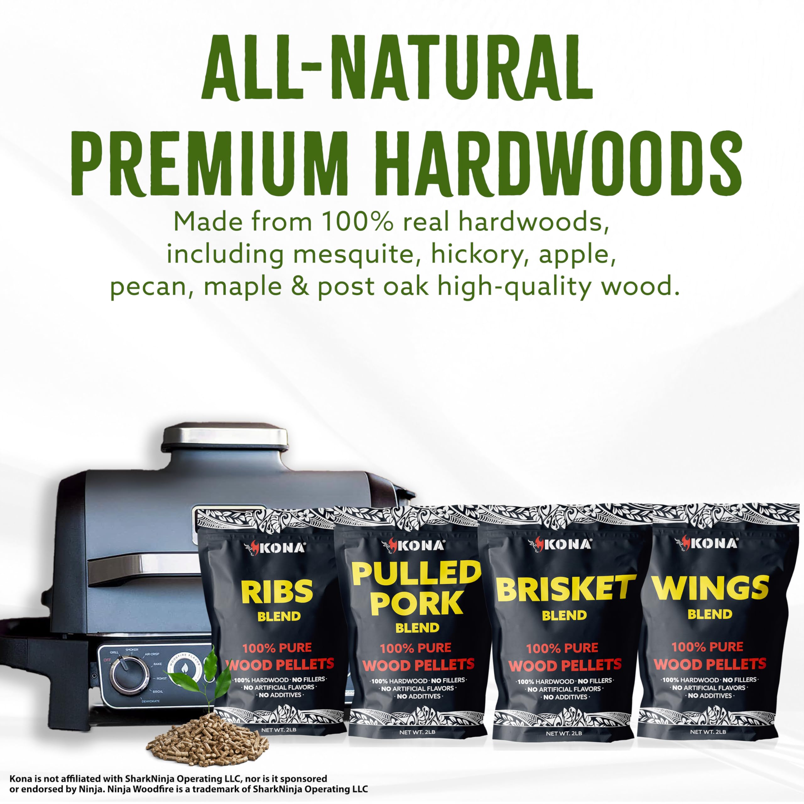 Kona Wood Pellets Brisket, Ribs, Wings,and Pulled Pork Blend Variety Pack, Intended for Ninja Woodfire Outdoor Grill, Wood Fire Oven, 4, 2lb Resealable Bags - Image 4